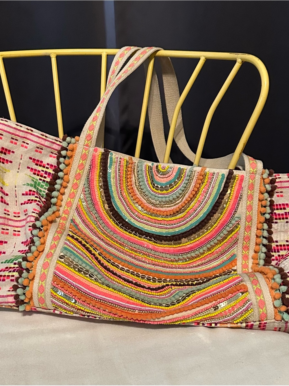 Colorful Embroidered Multicolor Tote Bag with Pom Trim